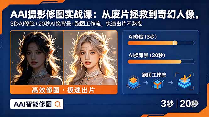 AI摄影修图实战课:从废片拯救 到 奇幻人像,3秒AI修脸+20秒AI换背景+跑图工作流,快速出片不熬夜-紫橙资源网