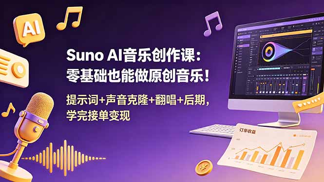 Suno AI音乐创作课:零基础也能做原创音乐!提示词+声音克隆+翻唱+后期,学完接单变现-紫橙资源网