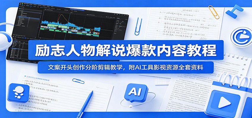 励志人物解说爆款内容教程:文案开头创作分阶剪辑教学,附AI 工具影视资源全套资料-紫橙资源网