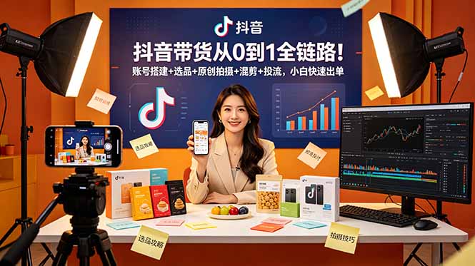 抖音带货从0到1全链路！账号搭建+选品+原创拍摄+混剪+投流，小白快速出单-紫橙资源网