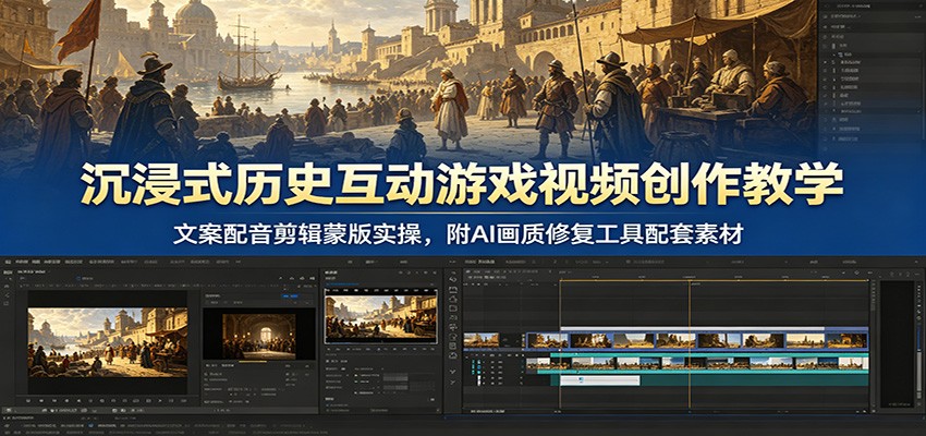沉浸式历史互动游戏视频创作教学:文案配音剪辑蒙版实操,附AI画质修复工具配套素材-紫橙资源网
