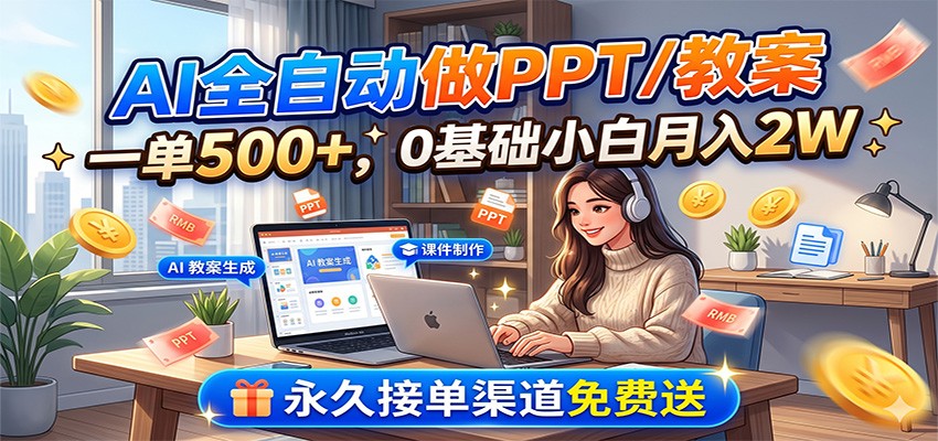 AI全自动做PPT/教案，一单500+，0基础小白月入2W，永久接单渠道免费送-紫橙资源网