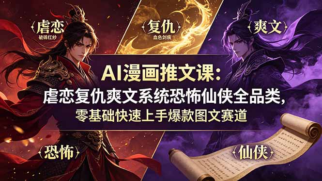 AI漫画推文课：虐恋复仇爽文系统恐怖仙侠全品类，零基础快速上手爆款图文赛道-紫橙资源网