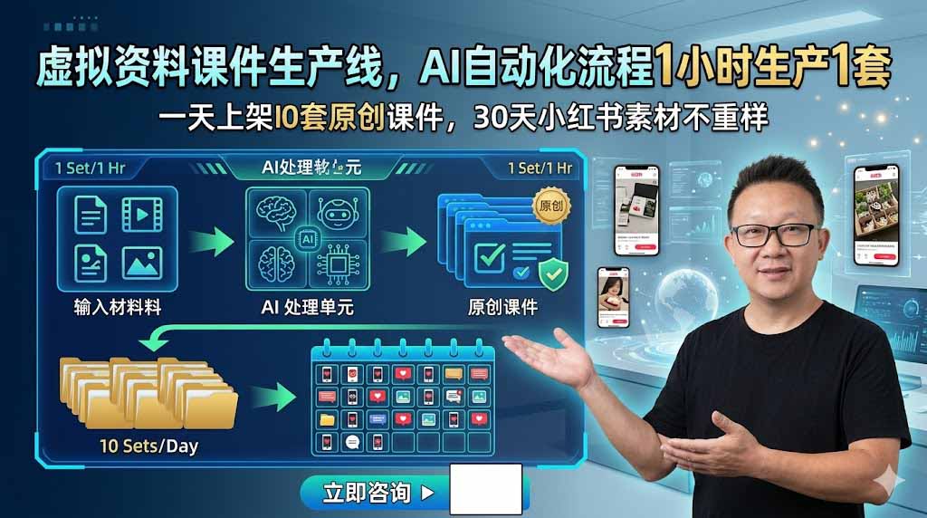 虚拟资料课件生产线，AI自动化流程1小时生产1套，一天上架10套原创课件，30天小红书素材不重样-紫橙资源网