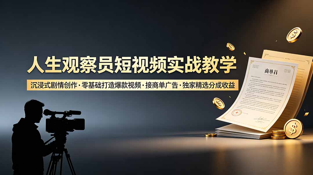 人生观察员短视频实战教学，沉浸式剧情创作，零基础打造爆款视频，接商单广告，独家精选分成收益-紫橙资源网