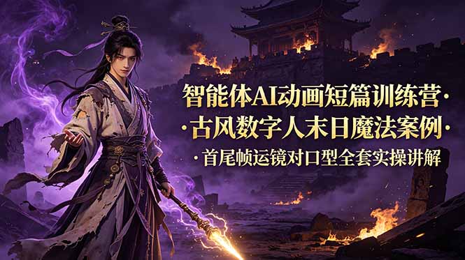 智能体AI动画短篇训练营-更新，古风数字人末日魔法案例，首尾帧运镜对口型全套实操讲解-紫橙资源网