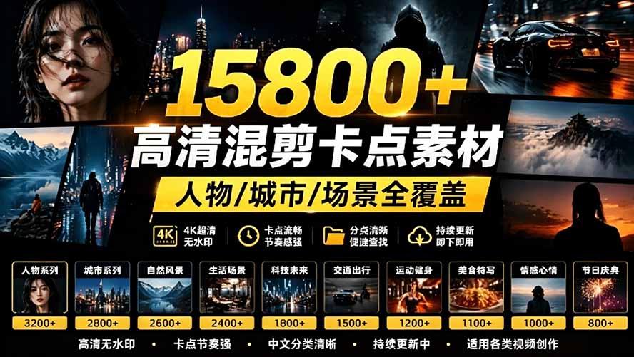 【影视剪辑素材合集】15800+高清混剪卡点｜热门影视精彩片段｜人物/城市/场景全覆盖，中文分类清晰-紫橙资源网
