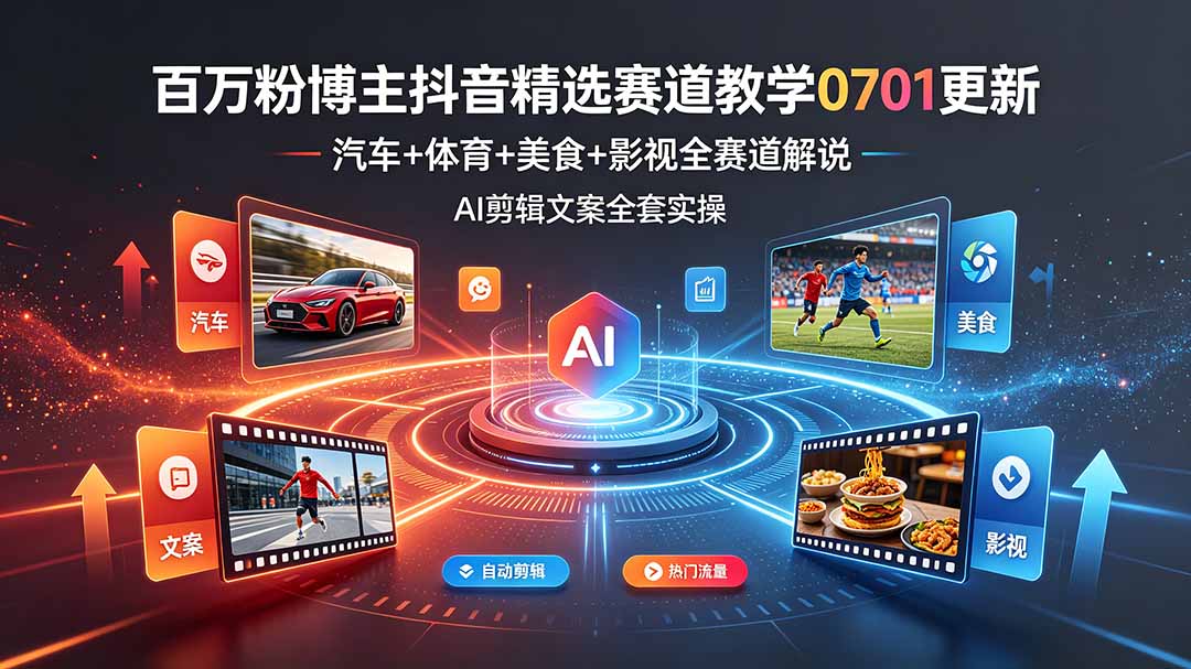 百万粉博主抖音精选赛道教学-0701更新,汽车+体育+美食+影视全赛道解说,AI剪辑文案全套实操-紫橙资源网