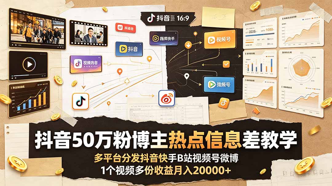 抖音50万粉博主热点信息差教学:多平台分发抖音快手B站视频号微博,1个视频多份收益月入20000+-紫橙资源网