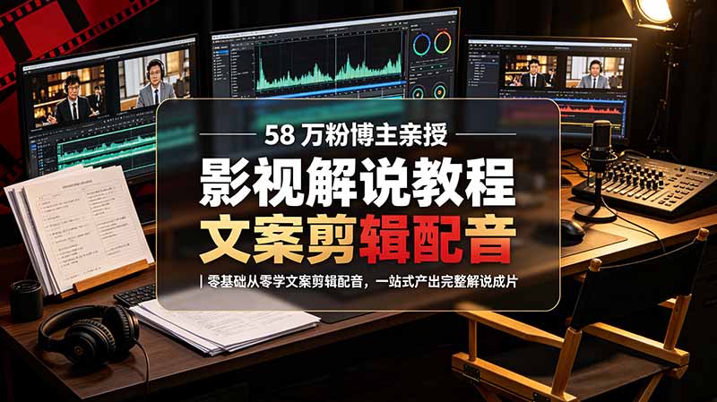 58 万粉博主荧幕春秋亲授影视解说教程|零基础从零学文案剪辑配音,一站式产出完整解说成片-紫橙资源网
