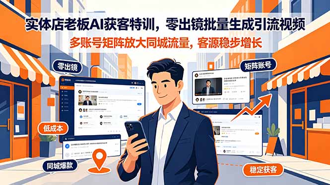 实体店老板AI获客特训，零出镜批量生成引流视频，多账号矩阵放大同城流量，客源稳步增长-紫橙资源网