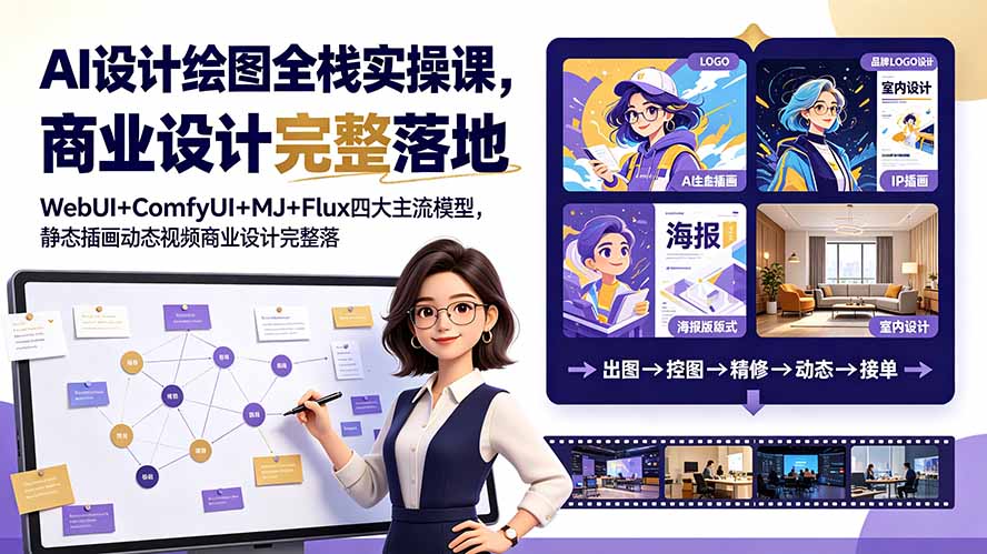 AI设计绘图全栈实操课,WebUI+ComfyUI+MJ+Flux四大主流模型,静态插画动态视频商业设计完整落地教程-紫橙资源网
