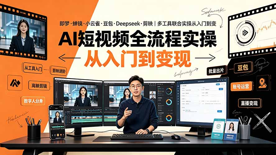 AI短视频全流程实操:即梦·蝉镜·小云雀·豆包·Deepseek·剪映|多工具联合实操从入门到变现-紫橙资源网