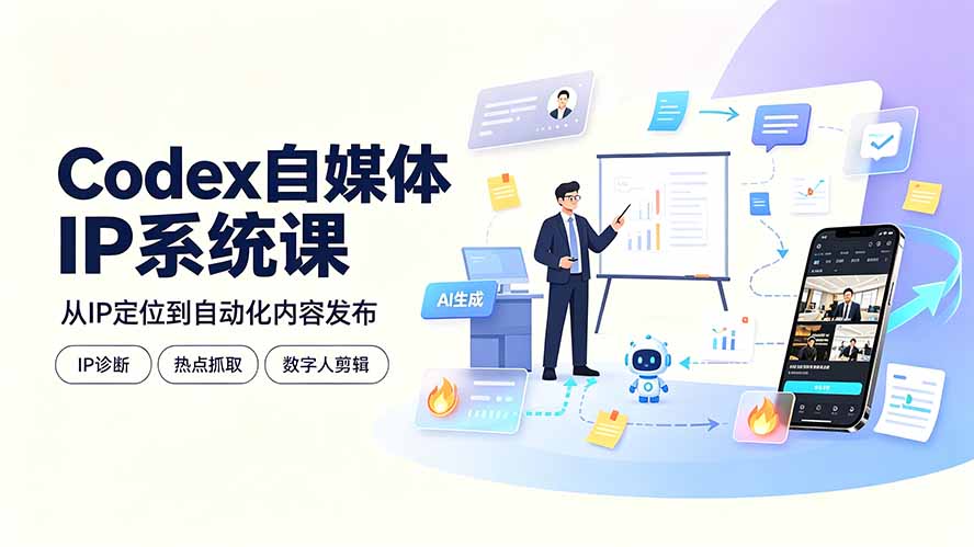 Codex自媒体IP系统课:IP诊断/热点抓取/IP蒸馏 Skill,爆款复刻数字人多平台自动发布教程-紫橙资源网