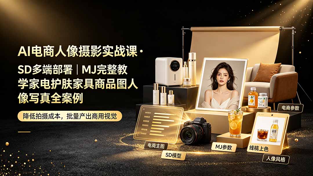 AI电商人像摄影实战课·SD多端部署|MJ完整教学|家电护肤家具商品图人像写真全案例-紫橙资源网