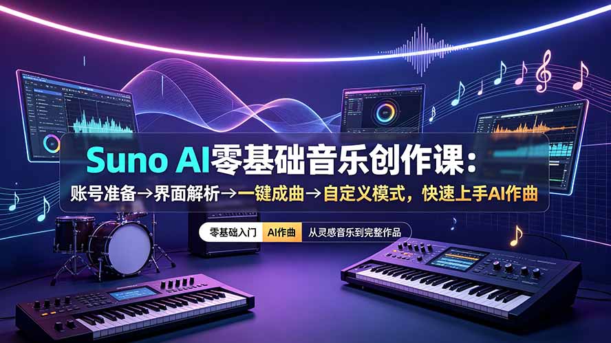 Suno AI零基础音乐创作课:账号准备→界面解析→一键成曲→自定义模式,快速上手AI作曲-紫橙资源网