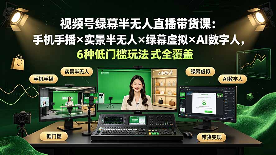 视频号绿幕半无人直播带货课:手机手播×实景半无人×绿幕虚拟×AI数字人,6种低门槛玩法全覆盖-紫橙资源网