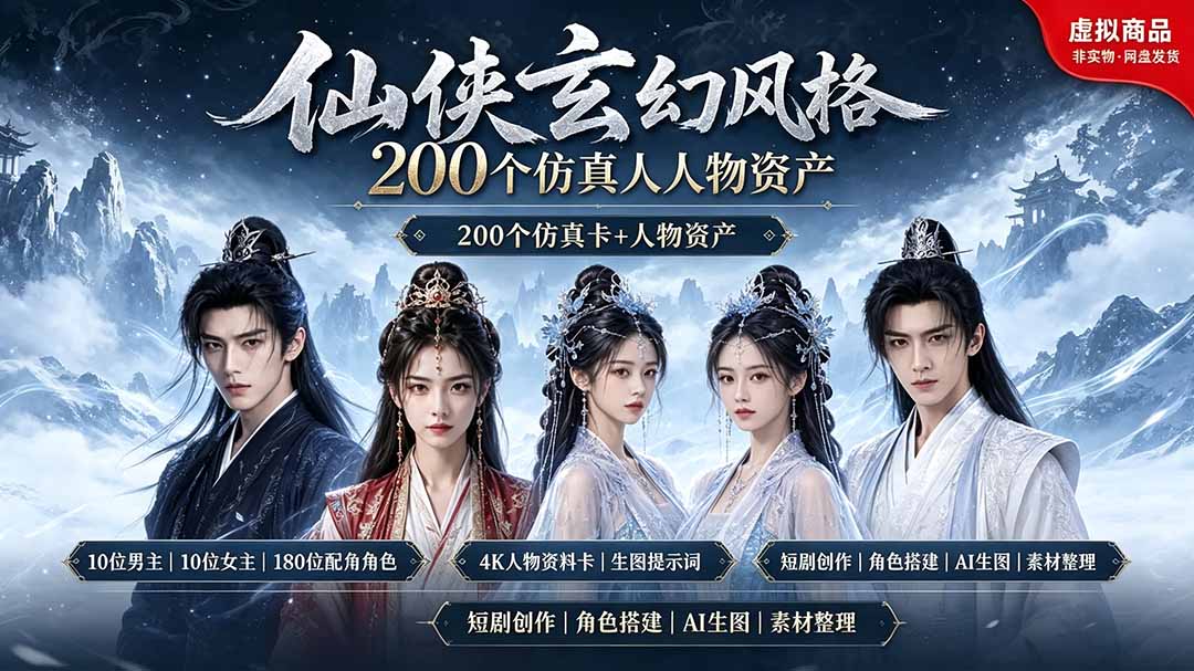 200个仙侠玄幻仿真人素材◆10男主×10女主×180配角，4K资料卡+AI生图提示词，漫剧必备-紫橙资源网