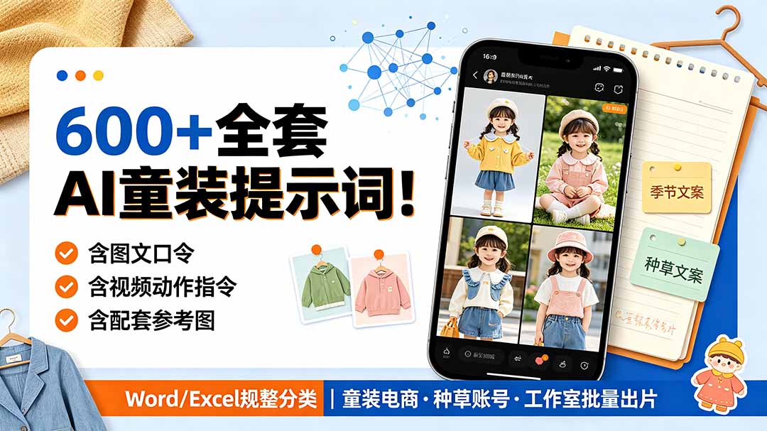 600+全套AI童装提示词！含图文口令+视频动作指令+配套参考图，Word/Excel规整分类，童装电商、种草无脑量产内容-紫橙资源网