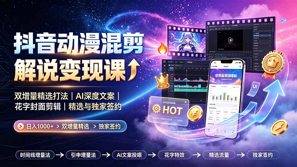 抖音动漫混剪解说变现课：双增量精选打法｜AI深度文案｜花字封面剪辑｜ 精选与独家签约日入1000+-紫橙资源网