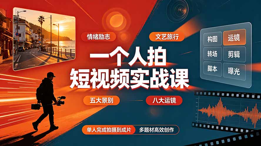 一个人拍短视频实战课:情绪励志文艺旅行多题材×五大景别×黄金构图×八大运镜,从拍摄到成片高效创作-紫橙资源网