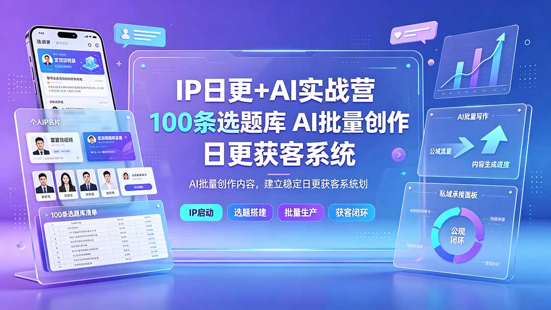 IP日更+AI实战营：IP置顶视频制作×100条选题库搭建×10条日更规划，AI批量创作内容，建立稳定日更获客系统-紫橙资源网
