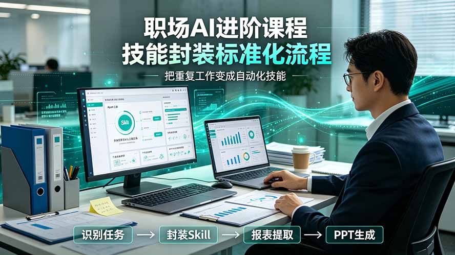 职场AI进阶课程;多类实用Skill工具实操,专属技能封装标准化流程,报表行业报告一键提取核心内容-紫橙资源网