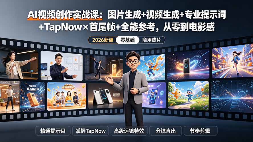 AI视频创作实战课:图片生成+视频生成+专业提示词+TapNow×首尾帧+全能参考,从零到电影感成片-紫橙资源网