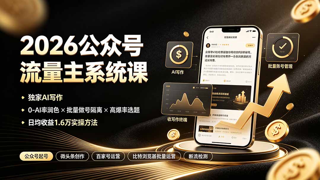 2026公众号流量主系统课:独家AI写作×0-AI率润色×批量做号隔离×高爆率选题,日均收益1.6万实操方法-紫橙资源网