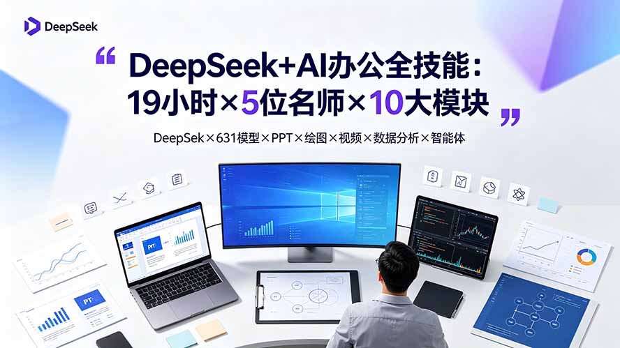 DeepSeek+AI办公全技能:19小时×5位名师×10大模块,DeepSeek×631模型×PPT×绘图×视频×数据分析×智能体-紫橙资源网