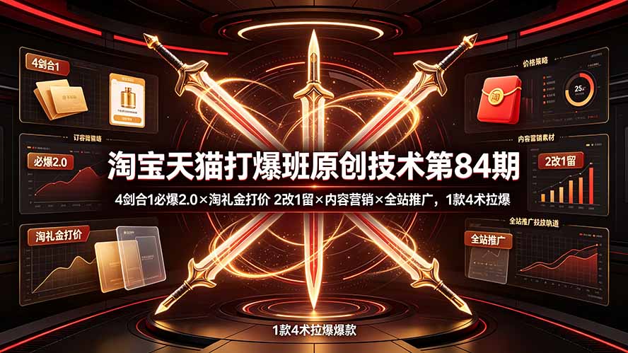 淘宝天猫打爆班原创技术第84期:4剑合1必爆2.0×淘礼金打价×2改1留×内容营销×全站推广,1款4术拉爆-紫橙资源网