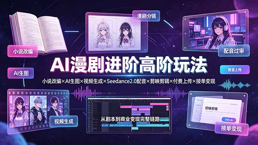 AI漫剧进阶高阶玩法:小说改编×AI生图×视频生成×Seedance2.0配音×剪映剪辑×付费上传×接单变现-紫橙资源网