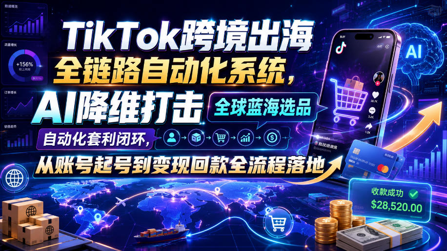 TikTok跨境出海全链路自动化系统,AI降维打击全球蓝海选品自动化套利闭环,从账号起号到变现回款全流程落地(2026年7月)-紫橙资源网
