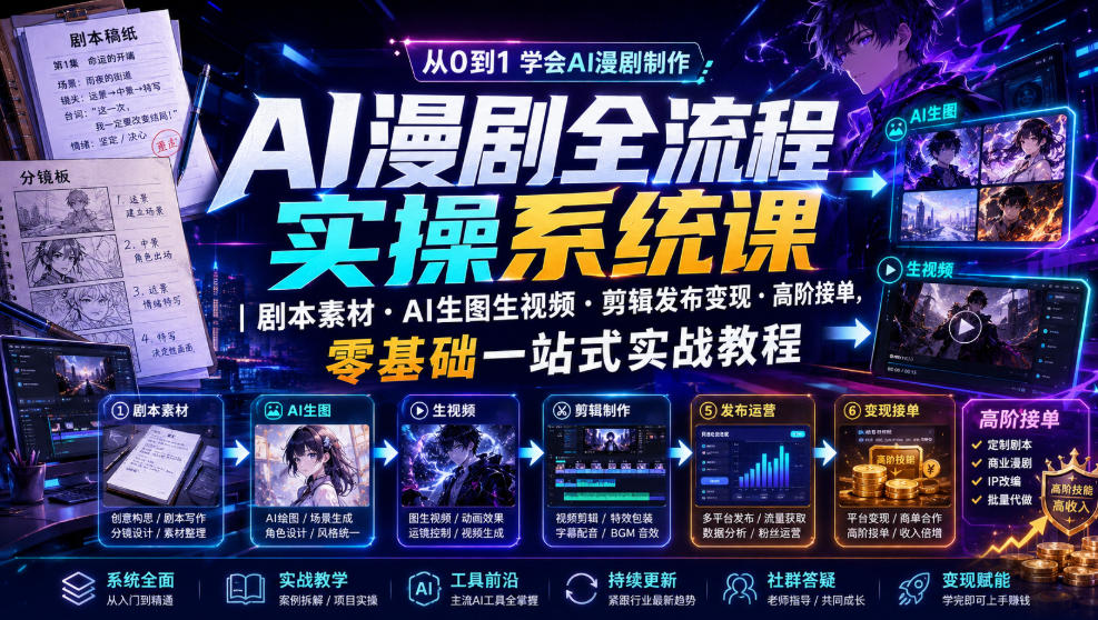 AI漫剧全流程实操系统课|剧本素材・AI生图生视频・剪辑发布变现・高阶接单,零基础一站式实战教程-紫橙资源网