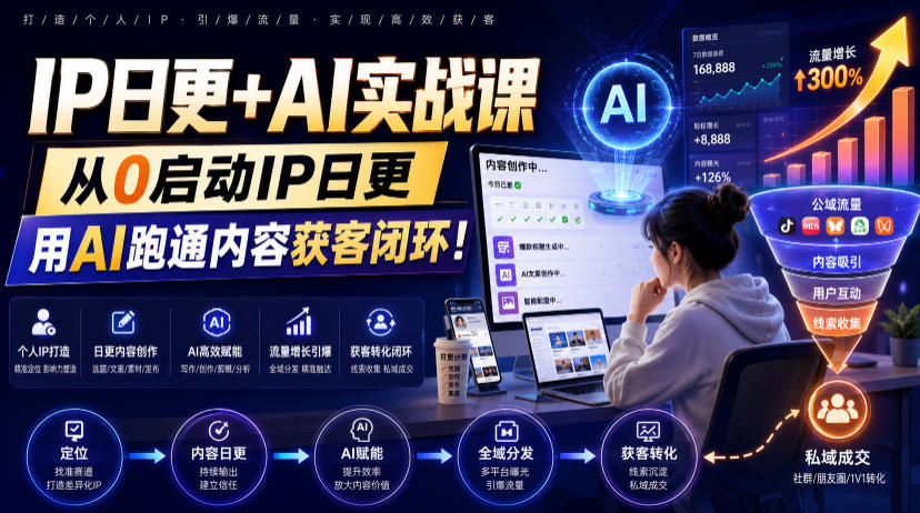 IP日更+AI实战课,从0启动IP日更,IP置顶视频制作+100条选题库搭建+10条日更规划,用AI跑通内容获客闭环!-紫橙资源网