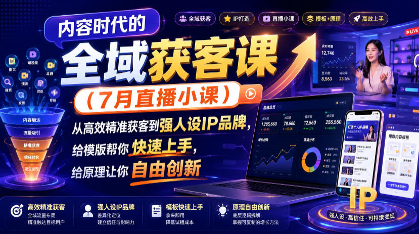 内容时代的全域获客课(7月直播小课),从高效精准获客到强人设IP品牌,给模版帮你快速上手,给原理让你自由创新-紫橙资源网