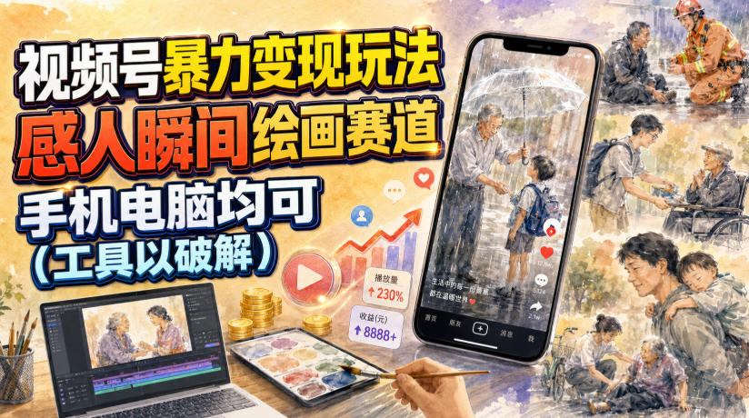 视频号暴力变现玩法,感人瞬间绘画赛道,手机电脑均可-紫橙资源网
