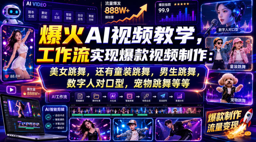爆火AI视频教学,工作流实现爆款视频制作:美女跳舞,还有童装跳舞,男生跳舞,数字人对口型,宠物跳舞等等-紫橙资源网