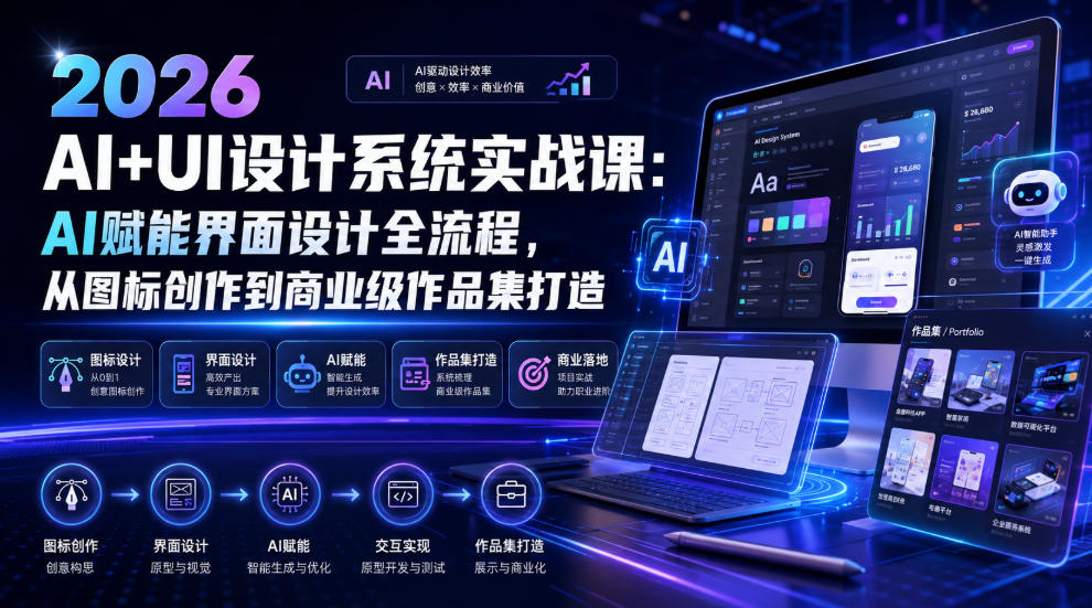 2026 AI+UI设计系统实战课:AI赋能界面设计全流程,从图标创作到商业级作品集打造-紫橙资源网