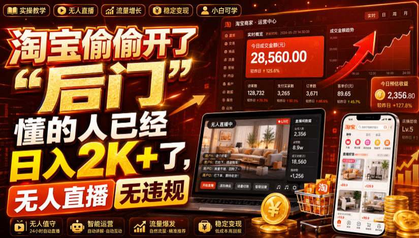 淘宝偷偷开了“后门”,懂的人已经日入2K+了,无人直播无违规,一台电脑=一家24小时营业的线上门店-紫橙资源网