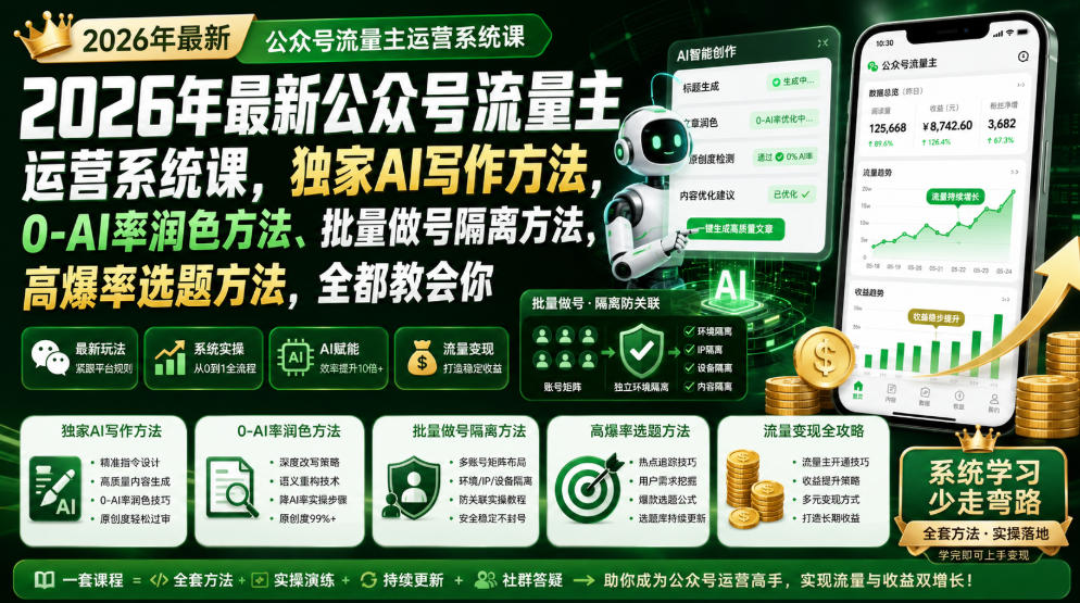2026年最新公众号流量主运营系统课,独家AI写作方法,0-AI率润色方法、批量做号隔离方法、高爆率选题方法,全都教会你-紫橙资源网