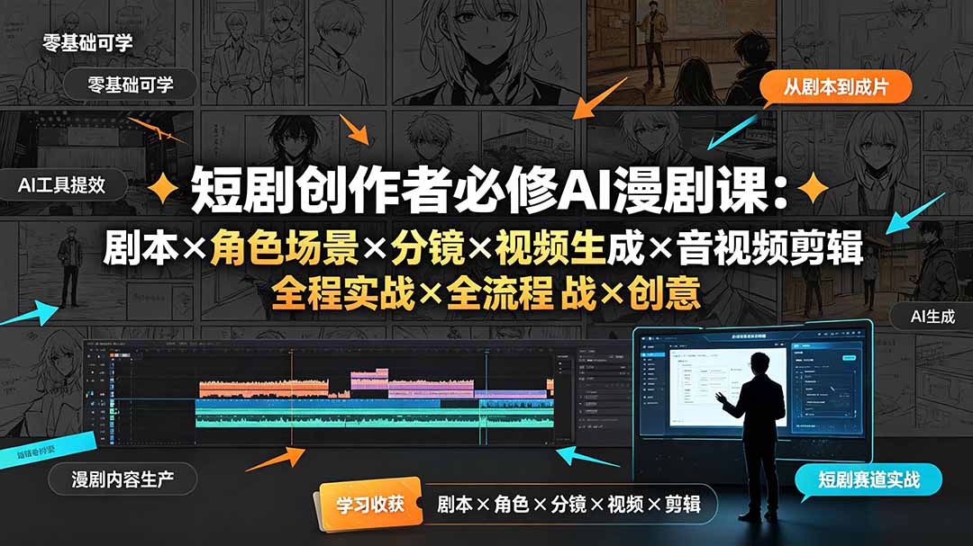 短剧创作者必修AI漫剧课:剧本×角色场景×分镜×视频生成×音视频剪辑×全流程实战×创意短片拆解-紫橙资源网