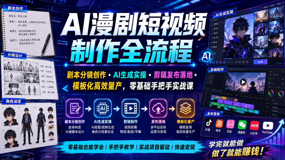 AI漫剧短视频制作全流程|剧本分镜创作・AI生成实操・剪辑发布落地・模板化高效量产,零基础手把手实战课-紫橙资源网