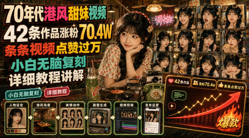 70年代港风甜妹视频,42条作品涨粉70.4W,条条视频点赞过万,小白无脑复刻,详细教程讲解-紫橙资源网