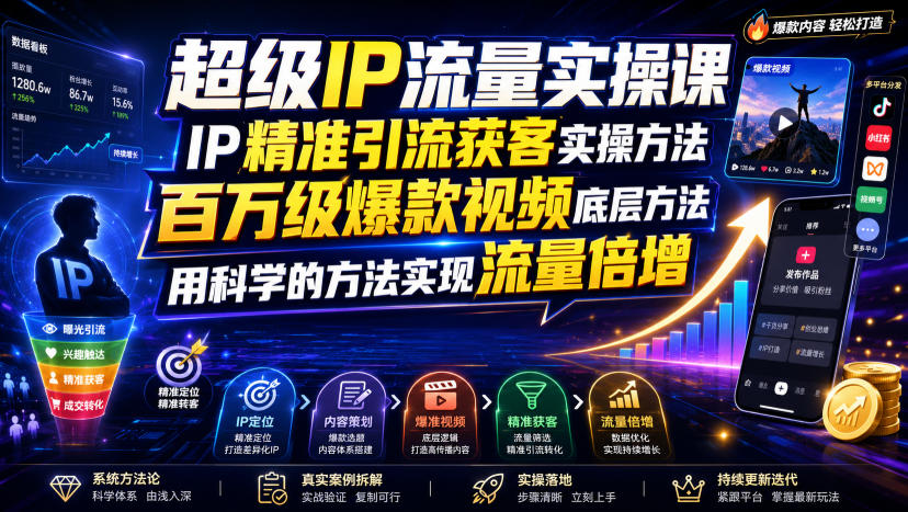 超级IP流量实操课，IP精准引流获客实操方法，百万级爆款视频底层方法，用科学的方法实现流量倍增-紫橙资源网