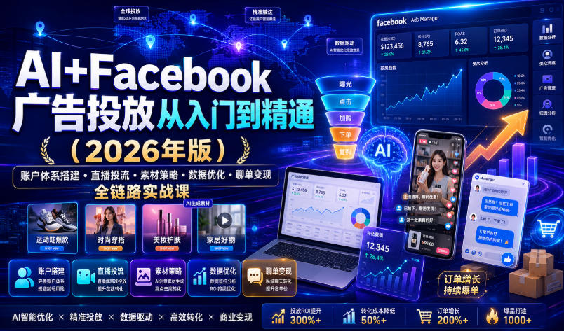 AI+Facebook广告投放从入门到精通(2026年版)|账户体系搭建・直播投流・素材策略・数据优化・聊单变现全链路实战课-紫橙资源网