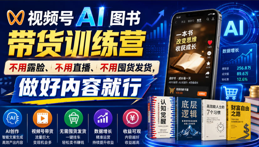 视频号AI图书带货训练营,不用露脸、不用直播、不用囤货发货,做好内容就行,一条爆款视频佣金8942-紫橙资源网