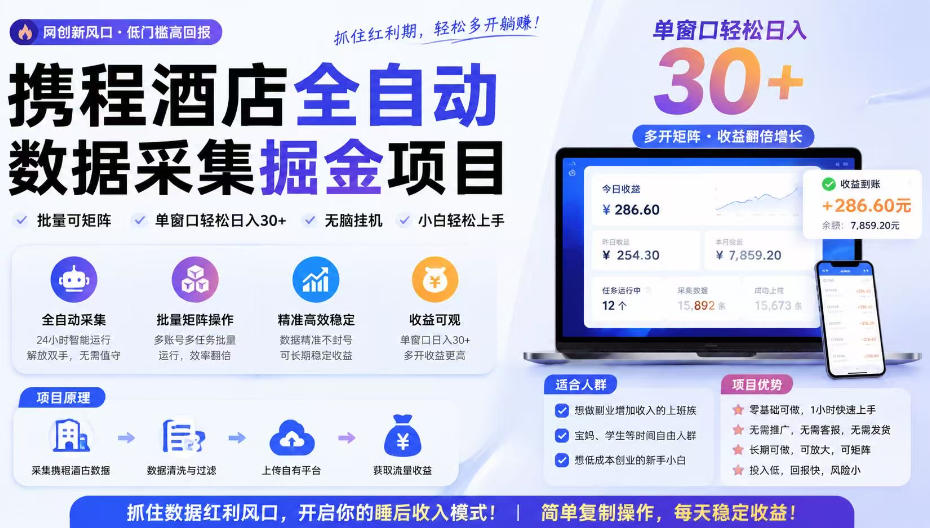 携程酒店全自动采集项目，全程自动浏览，可批量矩阵放大，单机日收300+-紫橙资源网