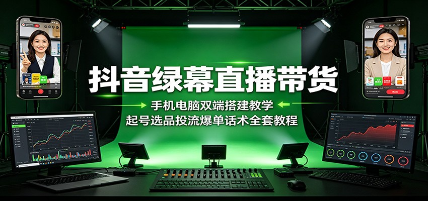 抖音绿幕直播带货：手机电脑双端搭建教学，起号选品投流爆单话术全套教程-紫橙资源网