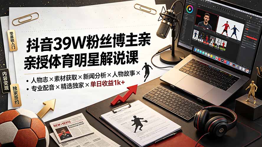 抖音39W粉丝博主亲授体育明星解说课：人物志×素材获取×新闻分析×人物故事×专业配音×精选独家×单日收益1k+-紫橙资源网